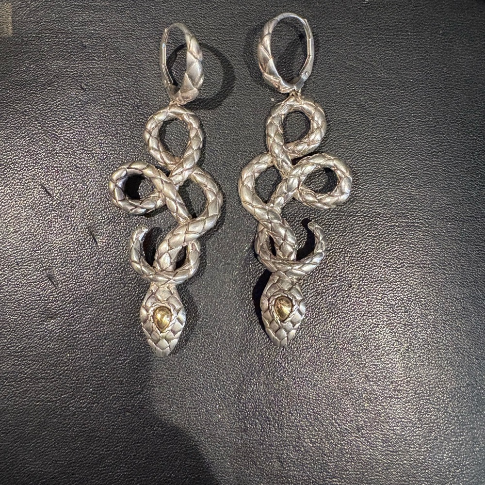 John Hardy Naga Silver Drop Earrings with Intricate Curves